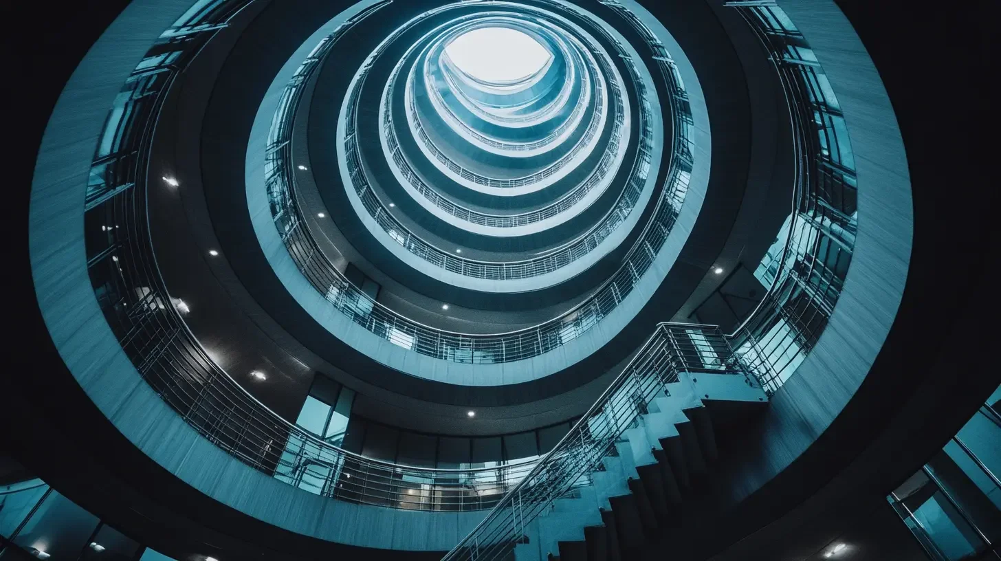 Low angle view looking up through a spiraling glass and steel atrium in a modern commercial building, representing process, governance, and quality management systems for professional and business services organizations