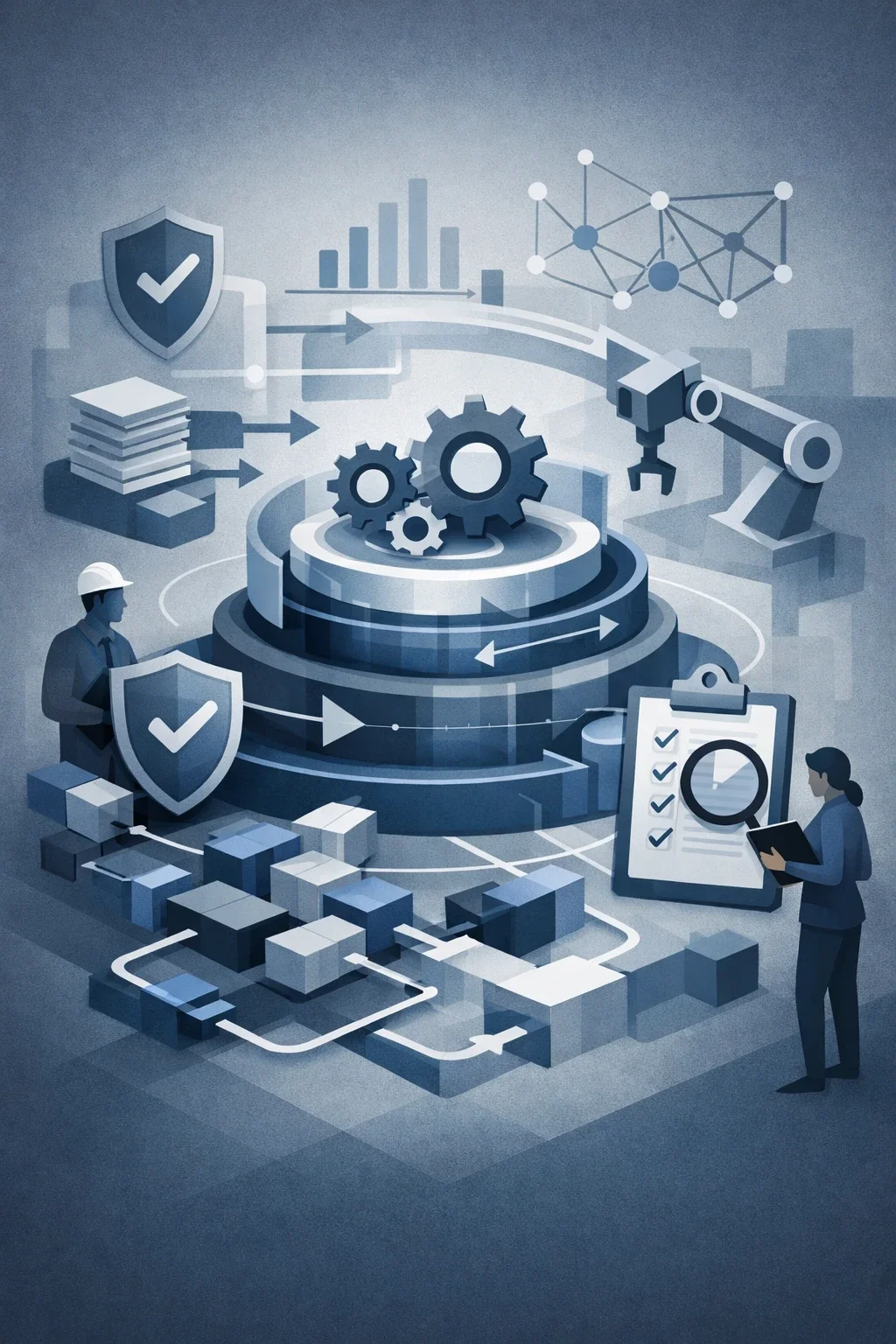 Abstract illustration of a structured quality management system with interconnected processes, control layers, and operational flow elements.