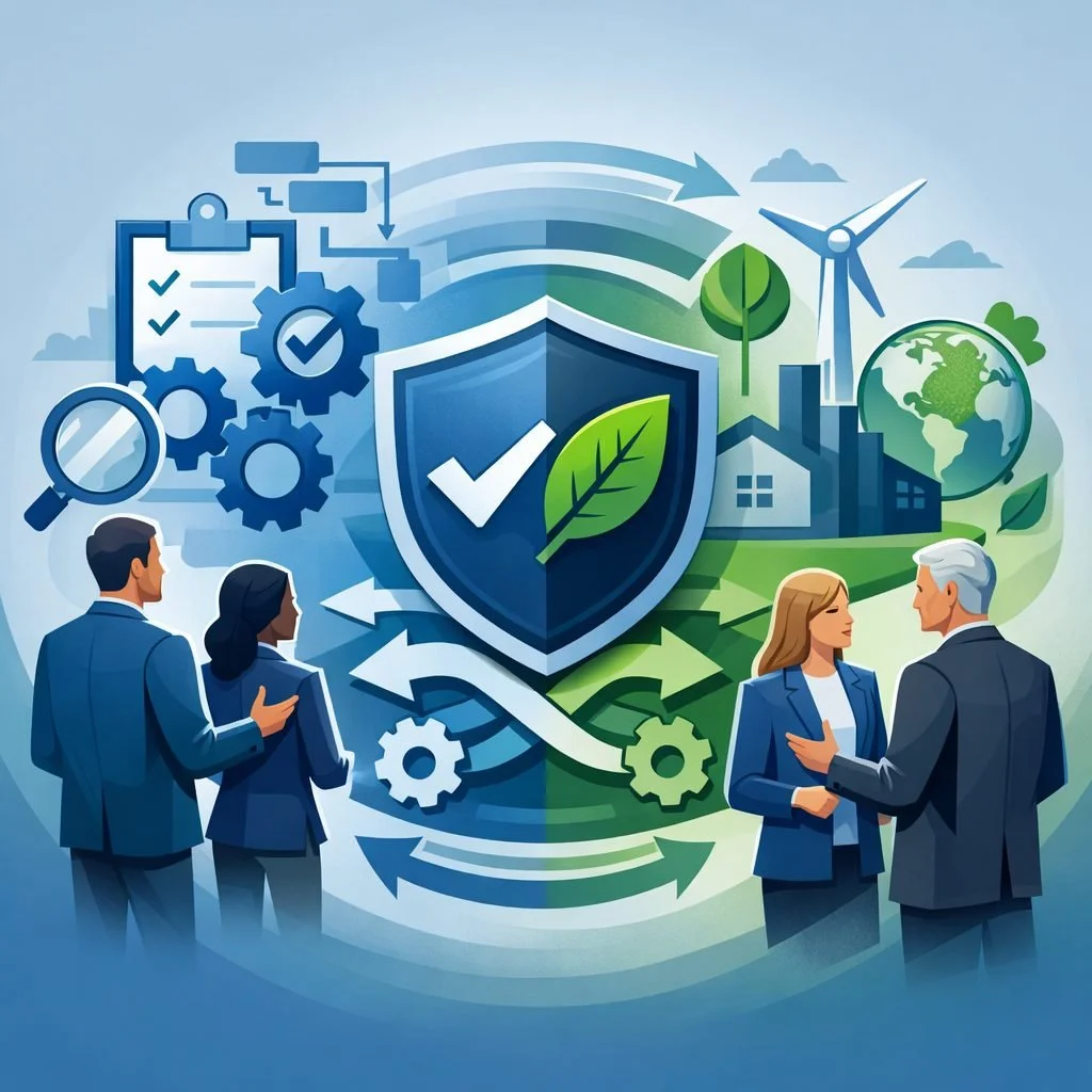Digital illustration of a structured shield with checkmark and leaf surrounded by gears, factories, and flow arrows representing ISO 9001 and ISO 14001 integration within an integrated management system.