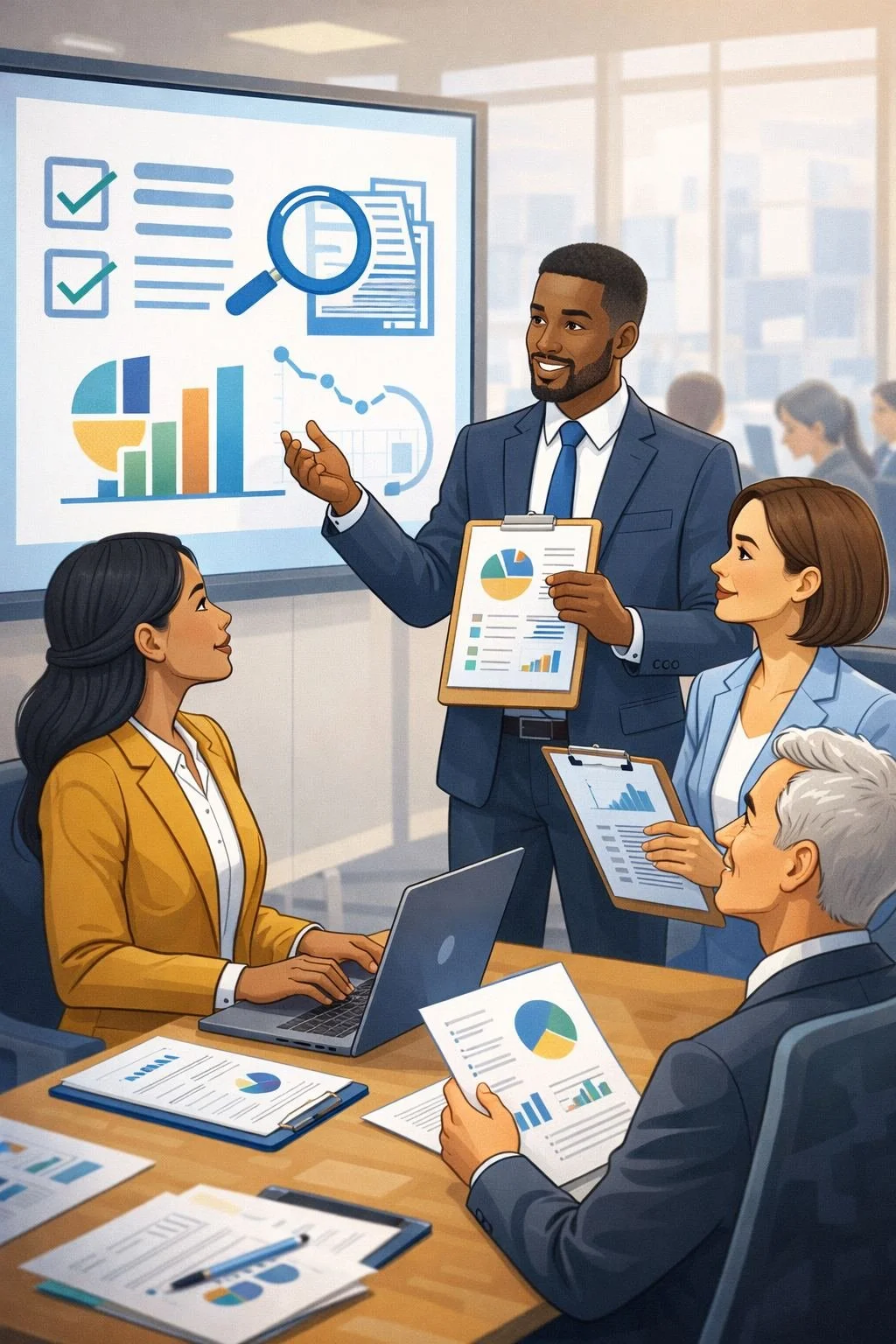Illustrated professional training session depicting a diverse group of business professionals participating in internal auditing training, reviewing reports and performance charts in a modern conference room environment.