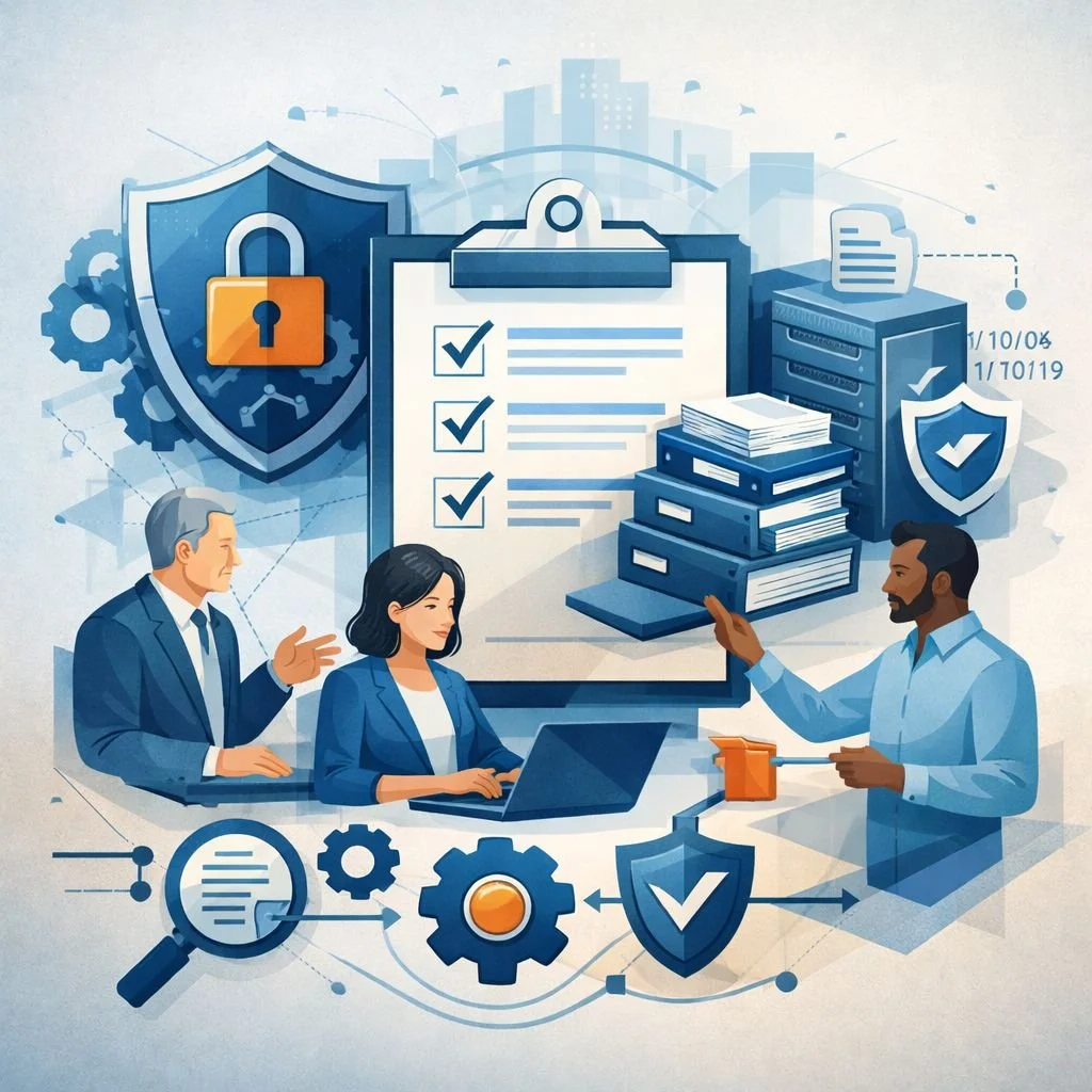 Digital illustration of professionals reviewing structured security documents with shield, lock, and checklist symbols representing ISO 27001 documentation requirements.