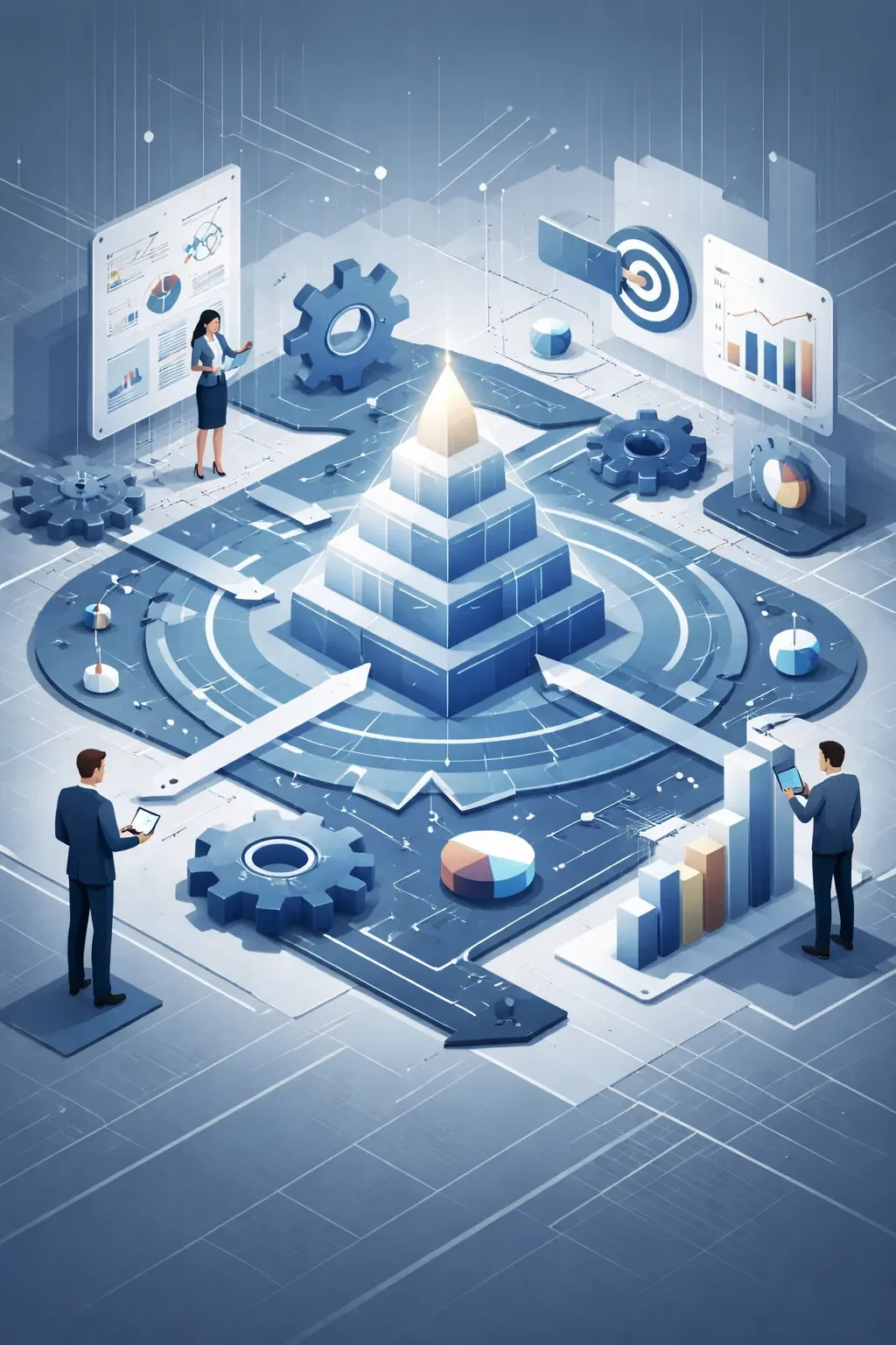 Abstract system of layered structures, gears, and directional flows centered on a strategic core, representing business strategy alignment and decision frameworks.