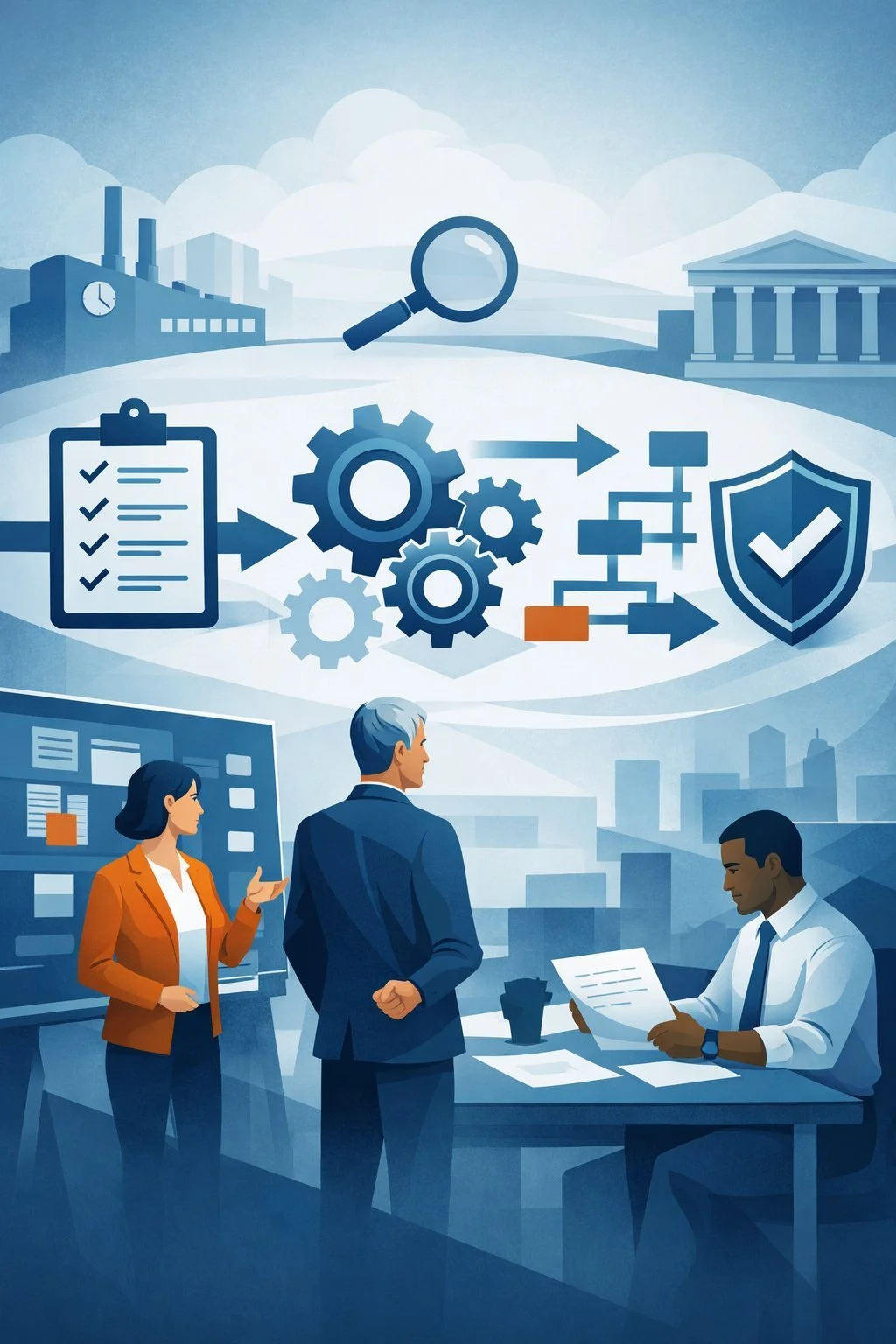Digital illustration showing professionals reviewing a structured process flow with gears, checklist, arrows, and shield symbolizing an ISO 9001 implementation timeline and quality management system development.