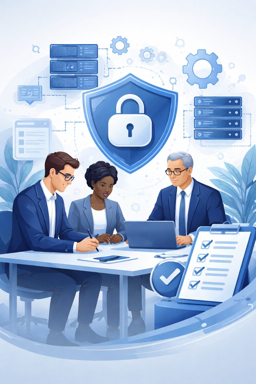 Digital illustration of consultants reviewing information security controls with shield, lock, network nodes, and structured systems representing ISO 27001 implementation services.