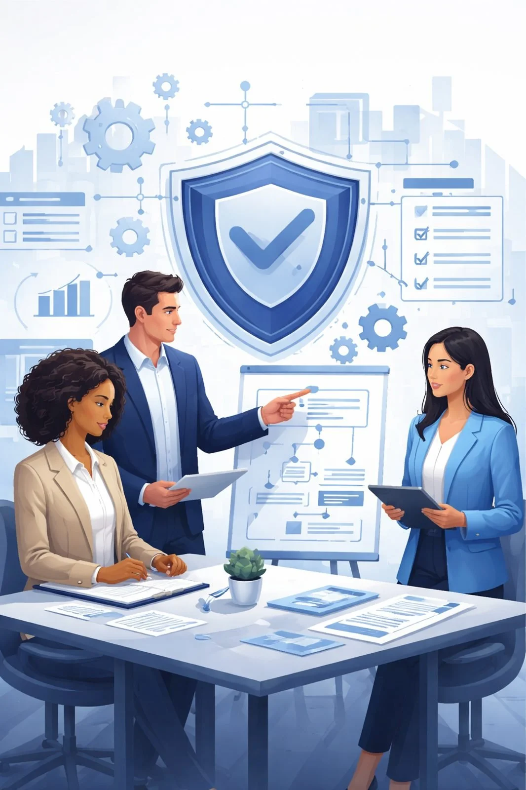 Digital illustration of consultants planning structured processes around a shield and checklist symbolizing ISO 9001 for startups and quality management system implementation.
