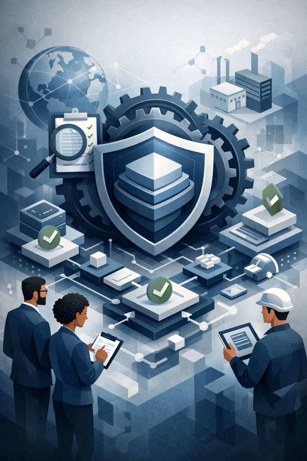 Structured system with shield, gears, and layered controls connected by process flows, representing ISO-certified organization validation and audit oversight