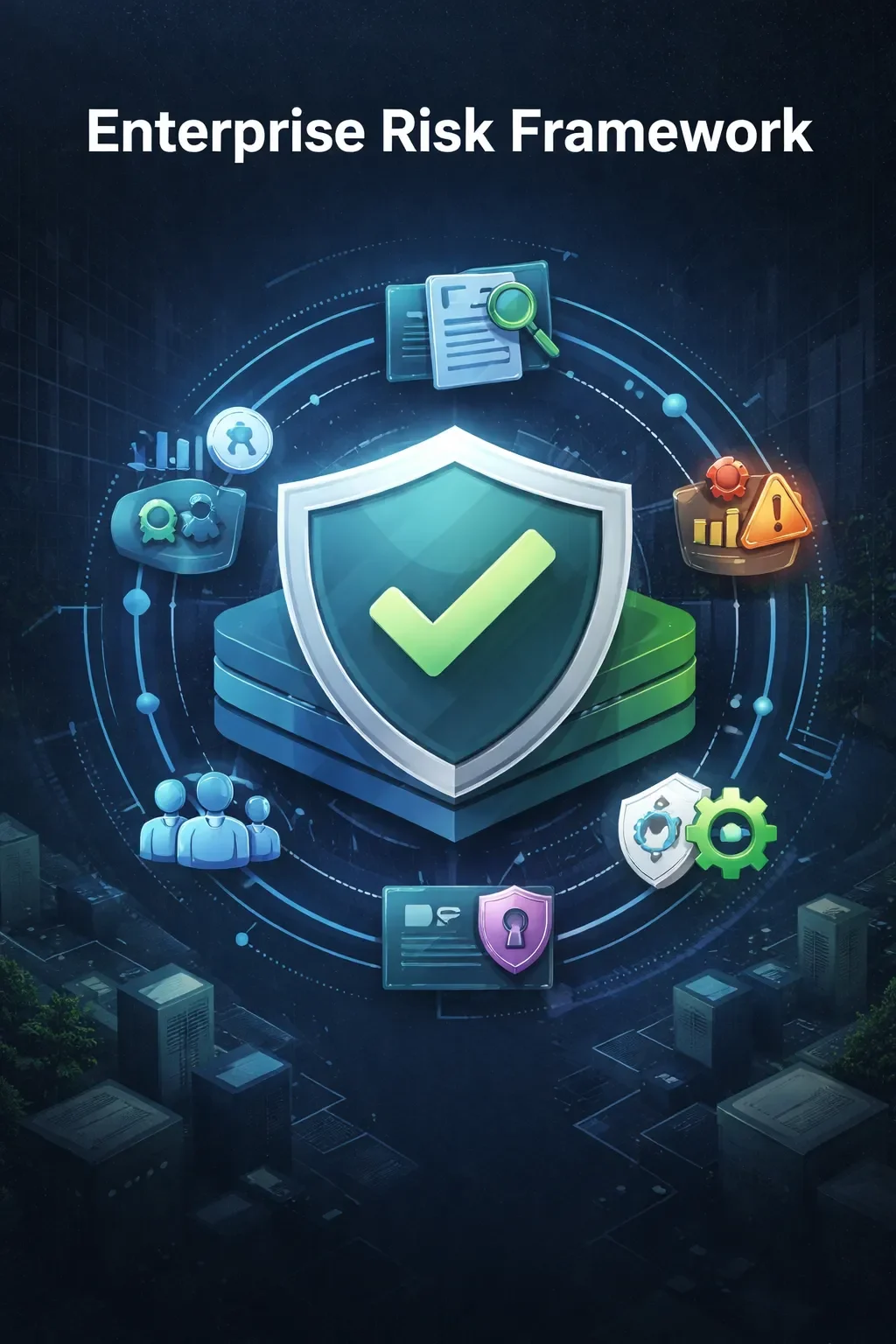 Digital illustration of a layered shield surrounded by interconnected system elements representing an enterprise risk framework and structured risk governance.