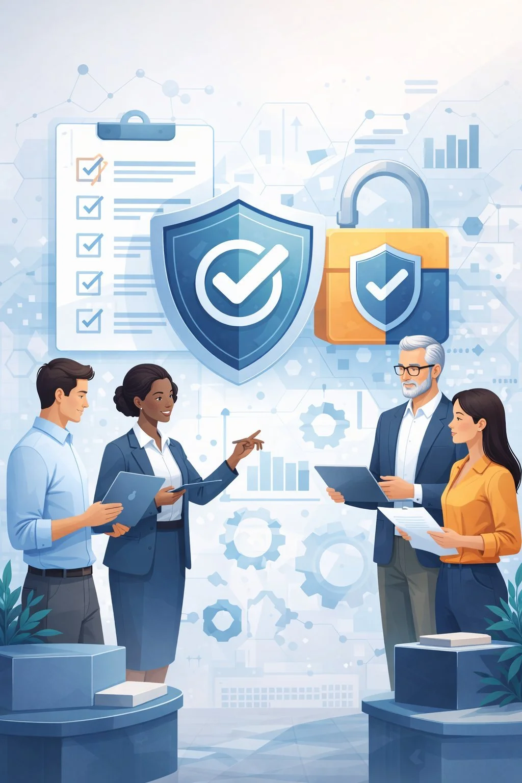Illustrated portrait of diverse consulting team reviewing compliance documents beneath shield and lock symbols representing CMMC compliance assessment, ISO certification consulting, audit readiness, and integrated management systems.