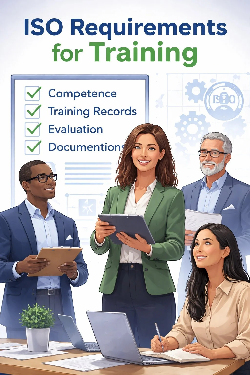 Diverse group of business professionals participating in ISO training session with visual checklist and documentation tools, representing competency development and structured training compliance within a management system.