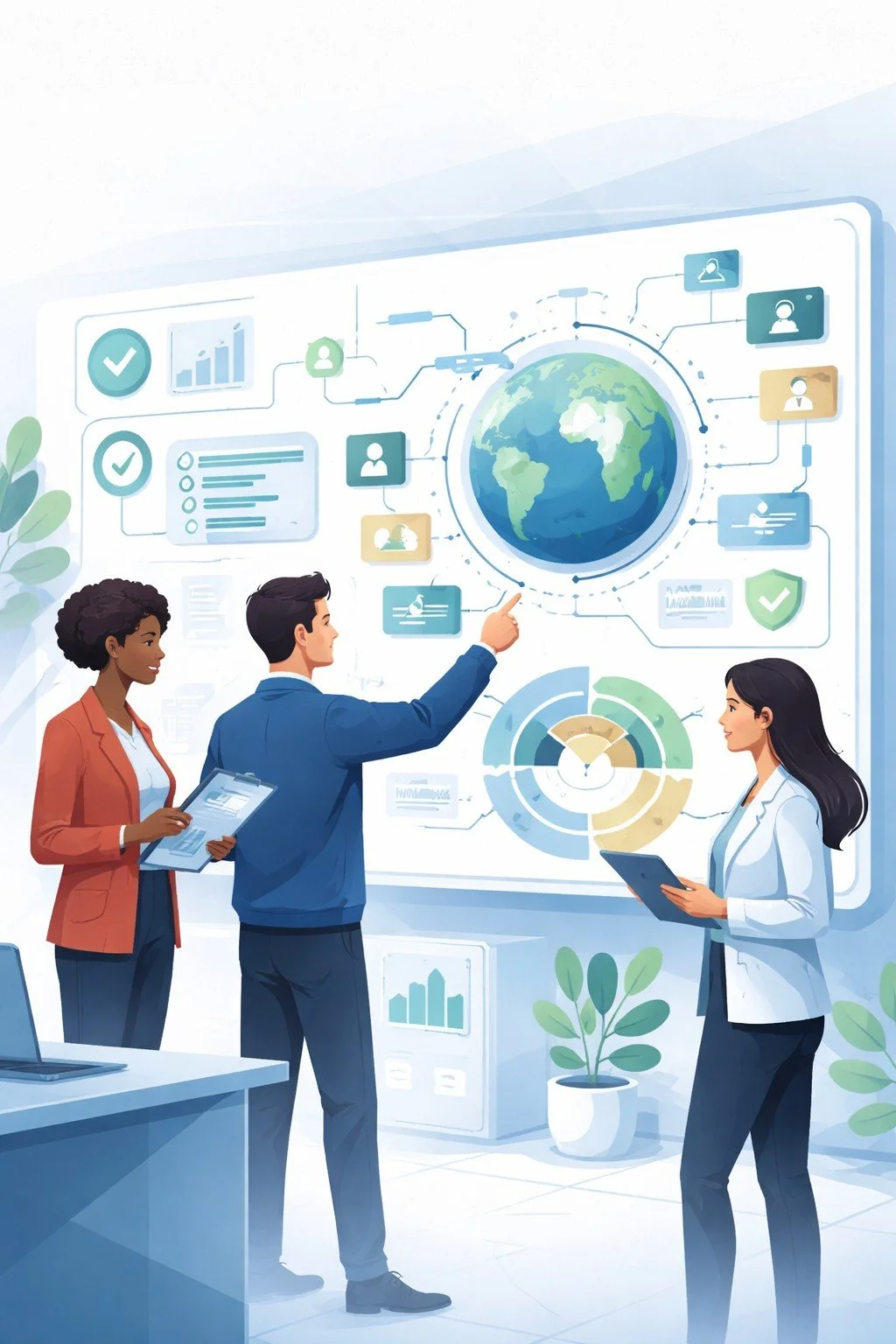 Digital illustration of diverse professionals reviewing a structured ESG dashboard with global network visuals representing GRI Standards 1-3 sustainability reporting framework.