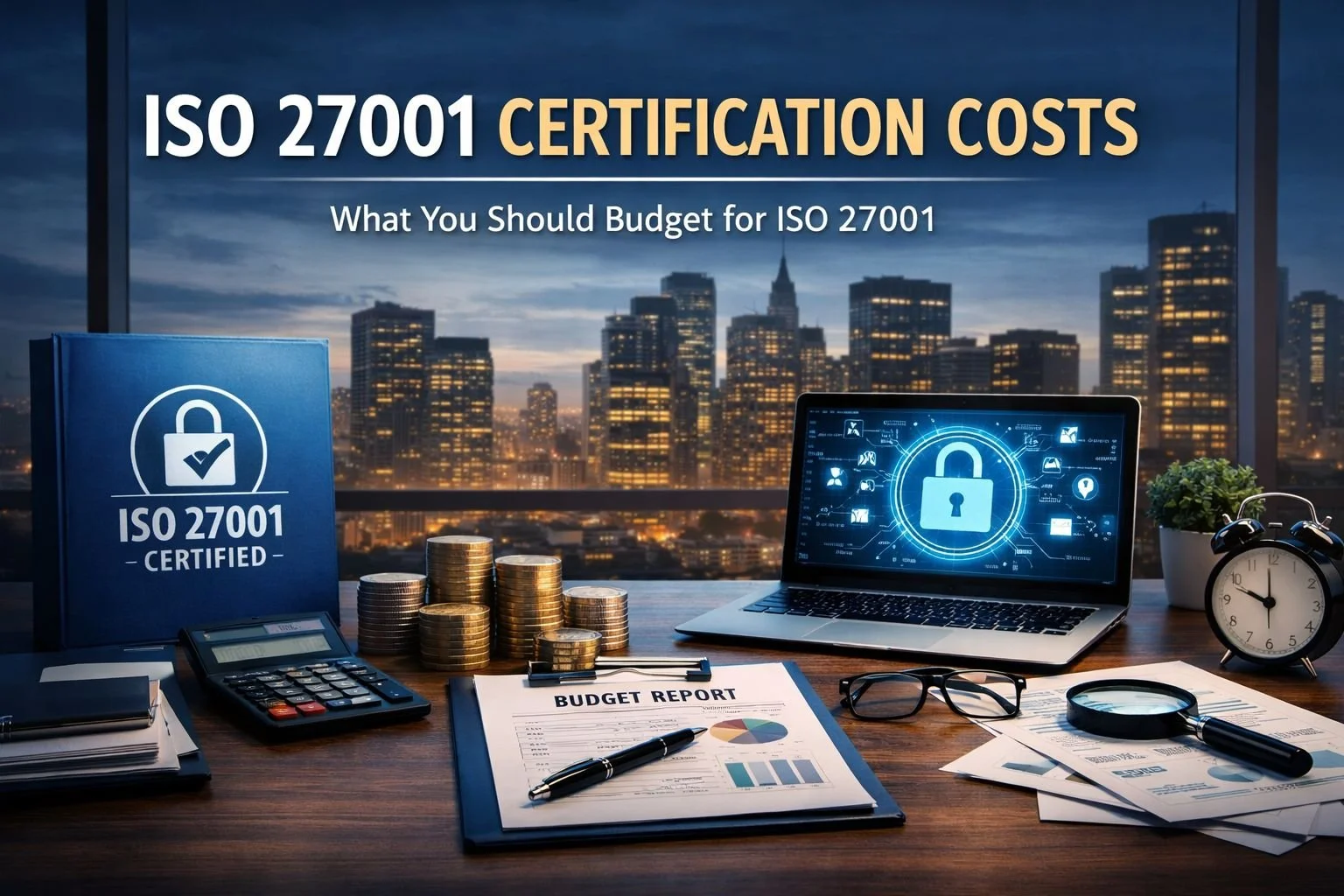 Office desk with laptop displaying digital security lock interface, stacks of coins, calculator, and financial reports, symbolizing budgeting and cost planning for ISO 27001 certification.