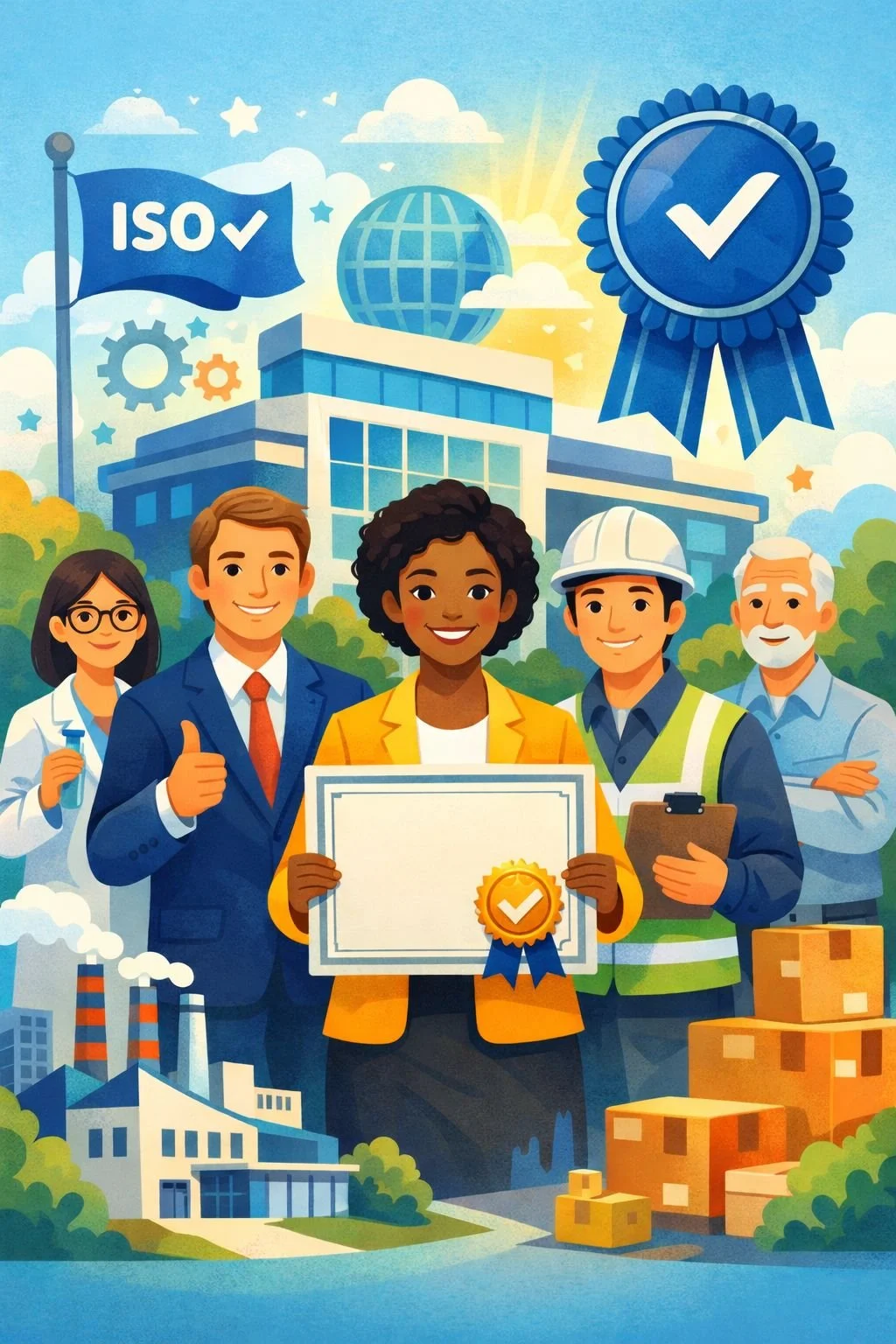 Illustrated portrait of a diverse professional team standing in front of a modern facility, with one person holding a blank certificate and a gold checkmark seal, symbolizing a certified ISO company through abstract quality and compliance imagery.