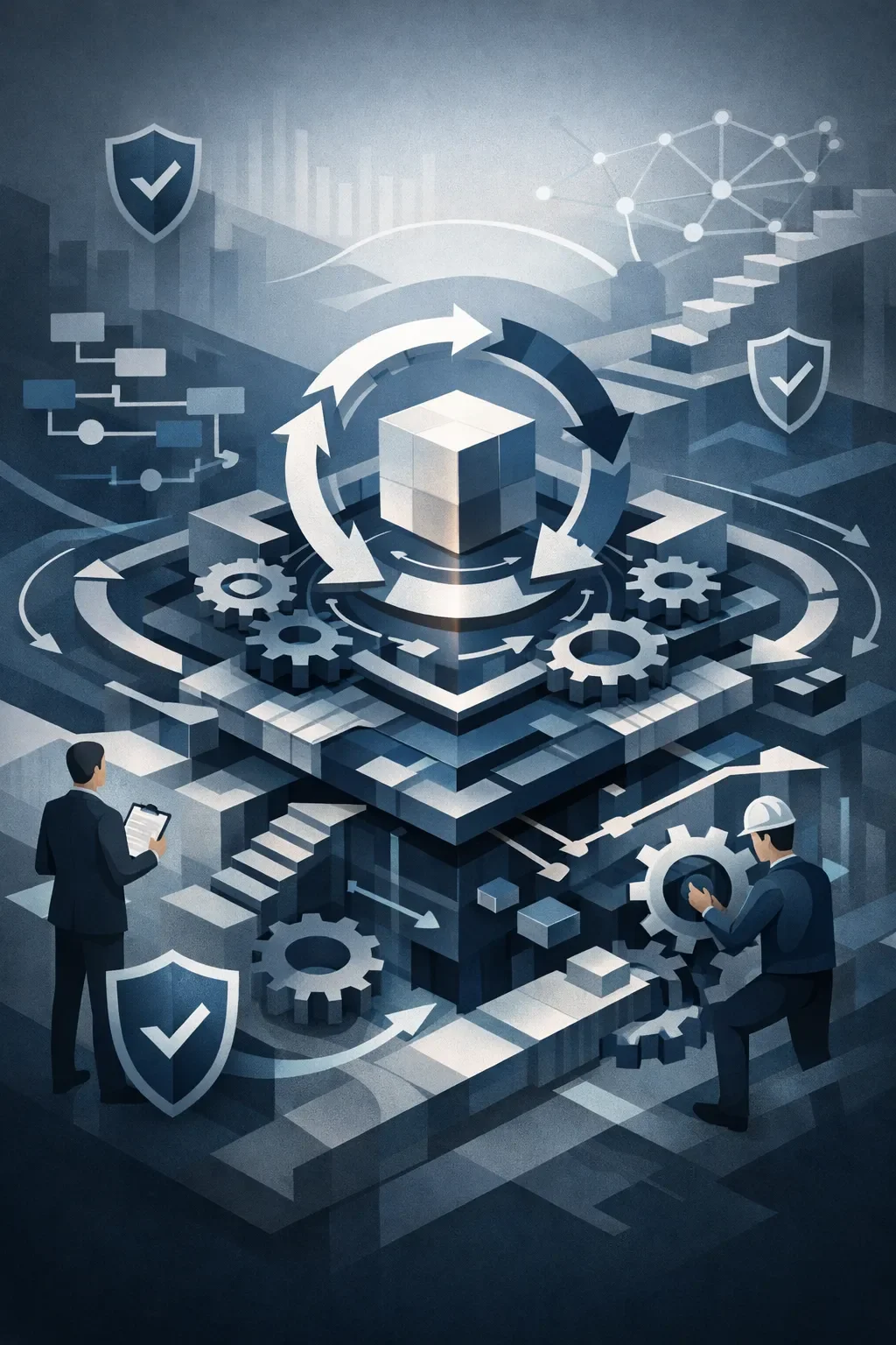 Structured change management system with layered controls, gears, and circular flow illustrating controlled transformation across interconnected operations