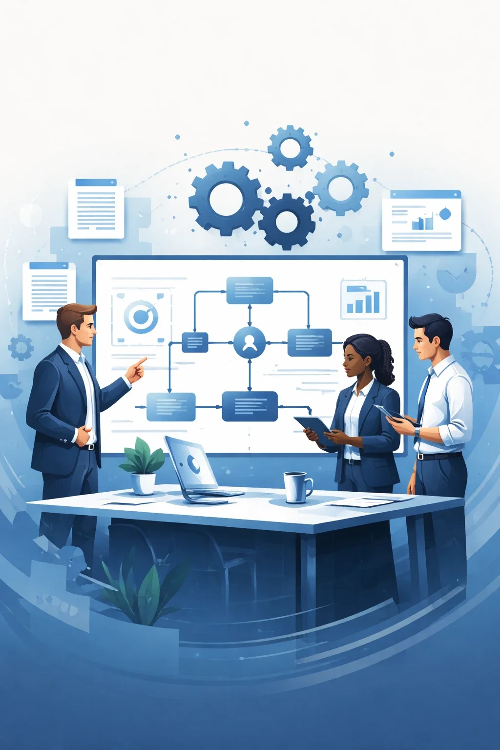 Digital illustration of consultants reviewing a structured workflow with gears and process flow symbols representing business process consulting and operational system design.