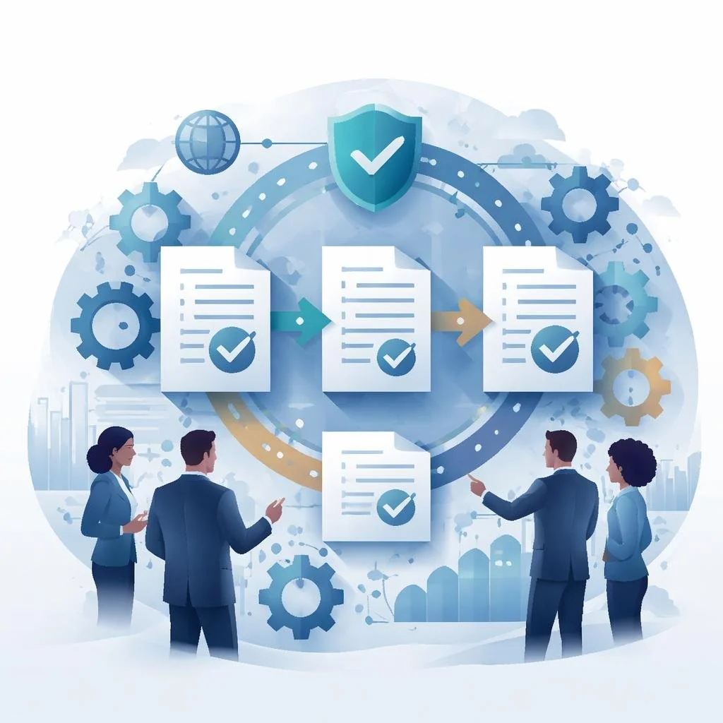 Digital illustration of interconnected documents, gears, and shield representing combining ISO standards into an integrated management system.