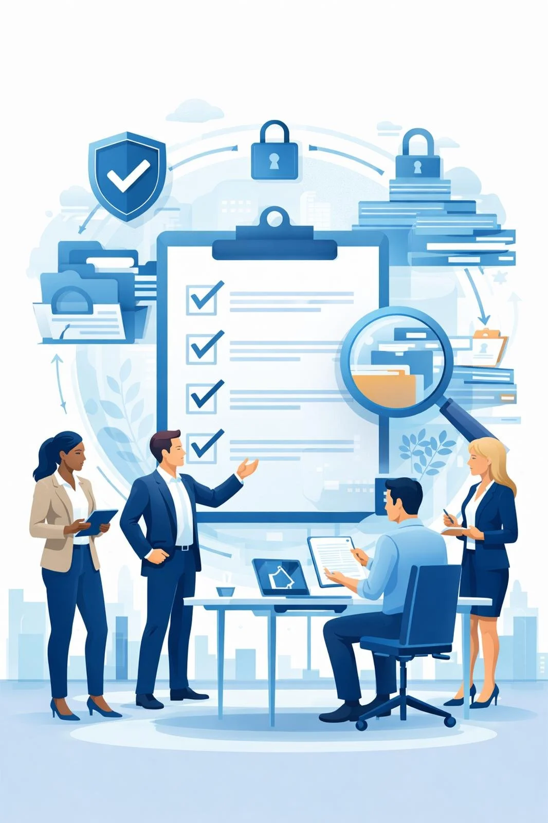 Digital illustration of diverse consultants reviewing a structured consulting framework with shield, gears, and workflow symbols representing ISO 20700 management consulting standards.