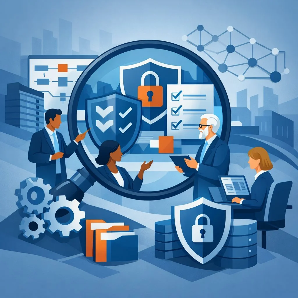 Digital illustration of security professionals reviewing controls through a magnifying glass with shield, lock, and checklist symbols representing an ISO 27001 gap analysis.