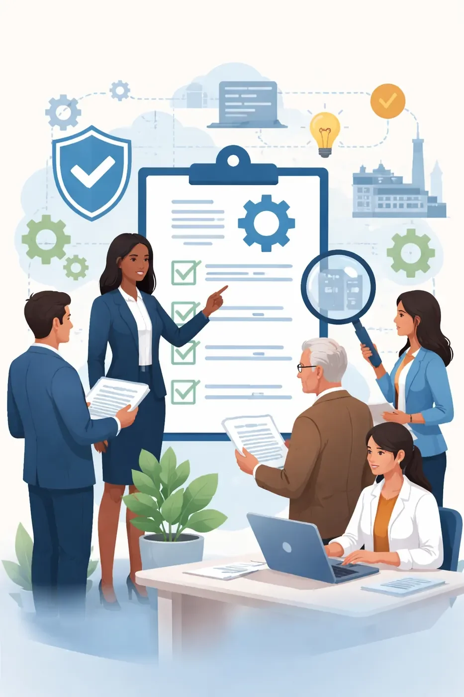 Professional illustrated team reviewing quality management responsibilities with checklist clipboard, shield, gears, and structured process symbols in a modern consulting environment