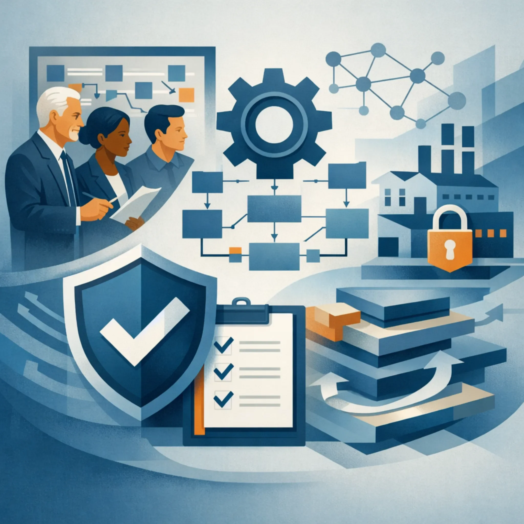 Digital illustration of data privacy services showing layered data systems, shield protection, secure workflows, and structured governance controls.