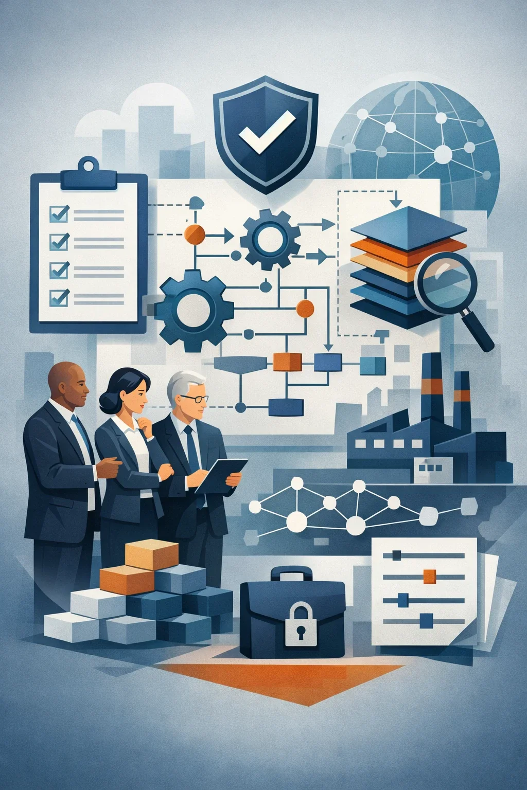 Digital illustration of consultants reviewing layered compliance controls with shield, checklist, gears, and system flow representing compliance management services and governance oversight.