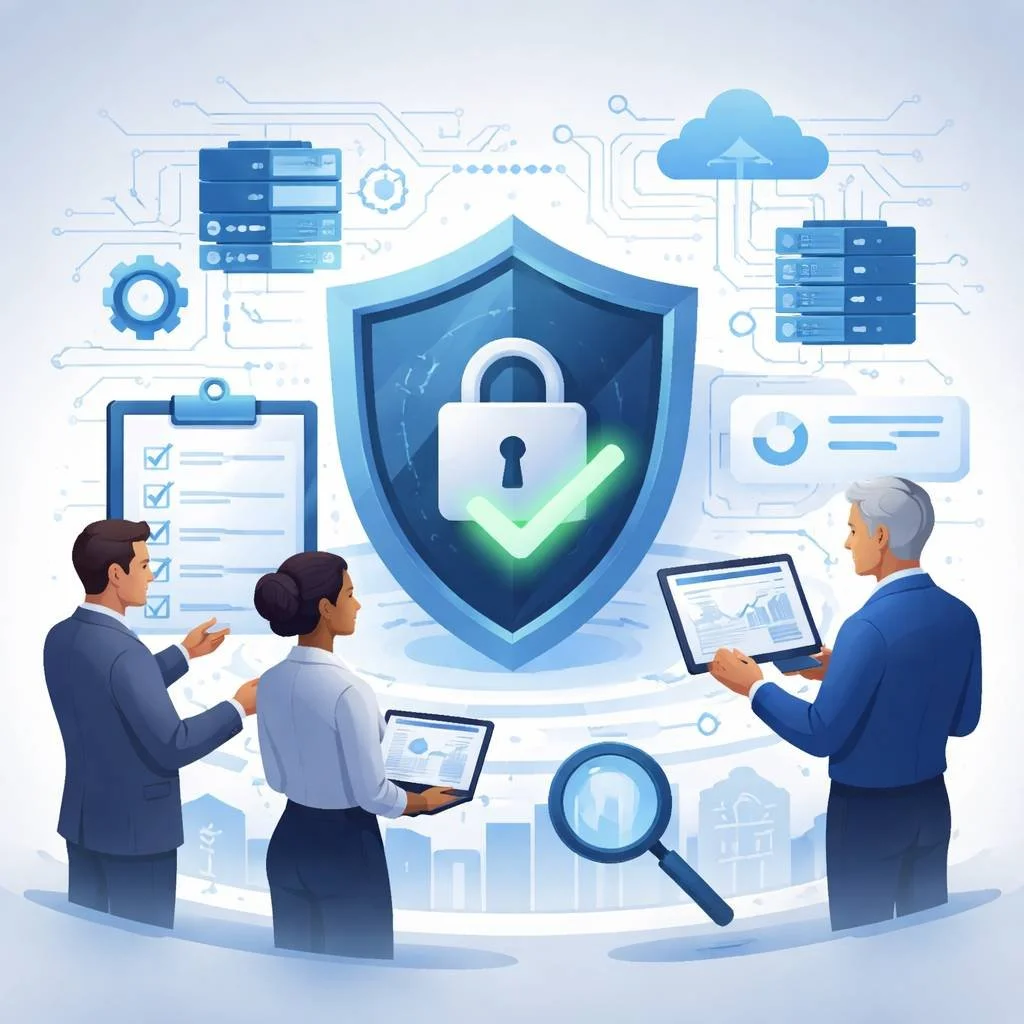 Digital illustration of a structured security shield with lock, checkmark, audit clipboard, and network infrastructure representing ISO 27001 certification fees and information security governance.