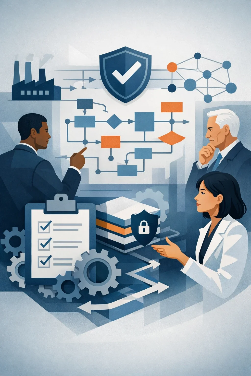 Digital illustration of consultants reviewing structured process flows and validation symbols representing ISO 9001 registrar audit and certification oversight.