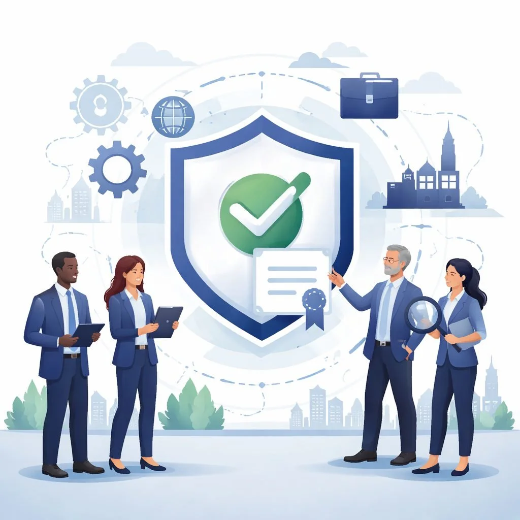Illustrated professional team reviewing ISO certification process with shield and checkmark symbol, representing accredited certification bodies and compliance verification in a structured business environment.