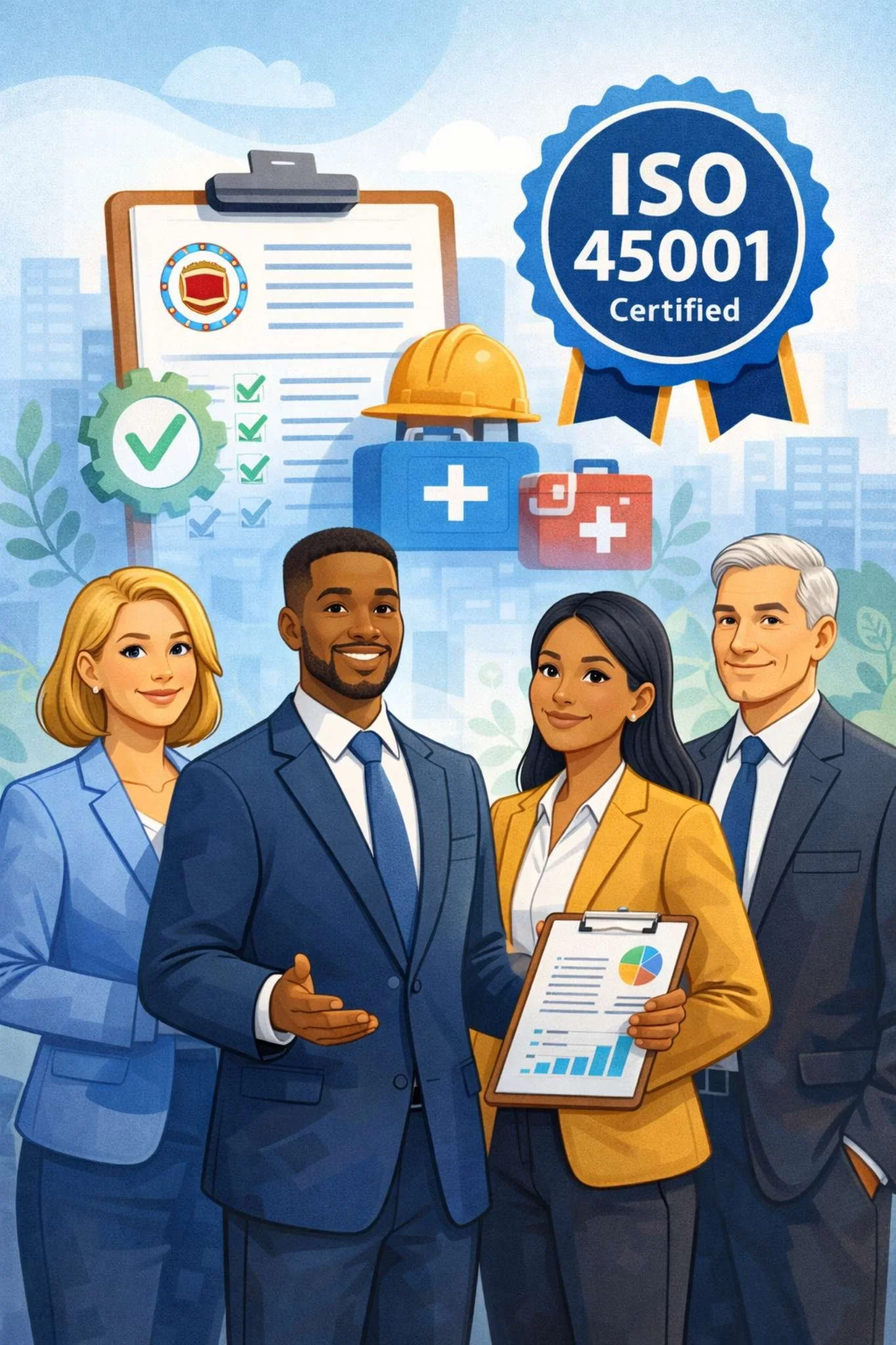 Illustrated team of business professionals standing in front of occupational health and safety symbols including protective equipment and compliance indicators, representing ISO 45001 workplace safety management system certification.