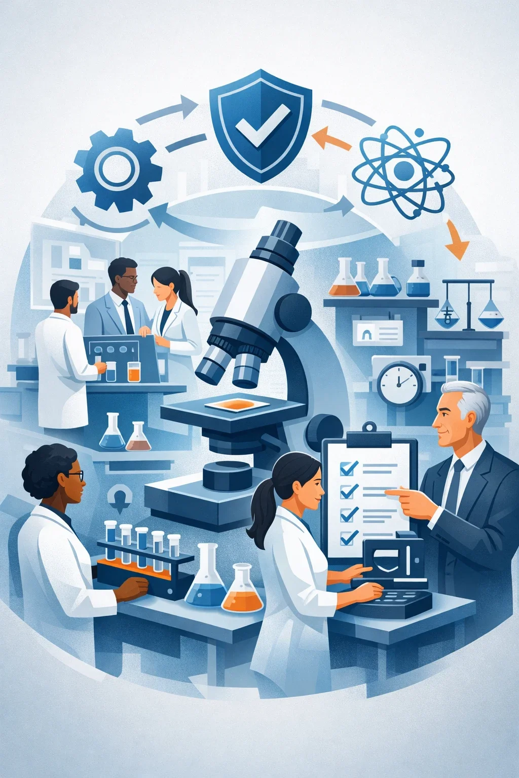 Digital illustration of a structured laboratory environment with scientists, testing equipment, and a shield symbolizing ISO 17025 testing laboratory quality systems and accreditation control.