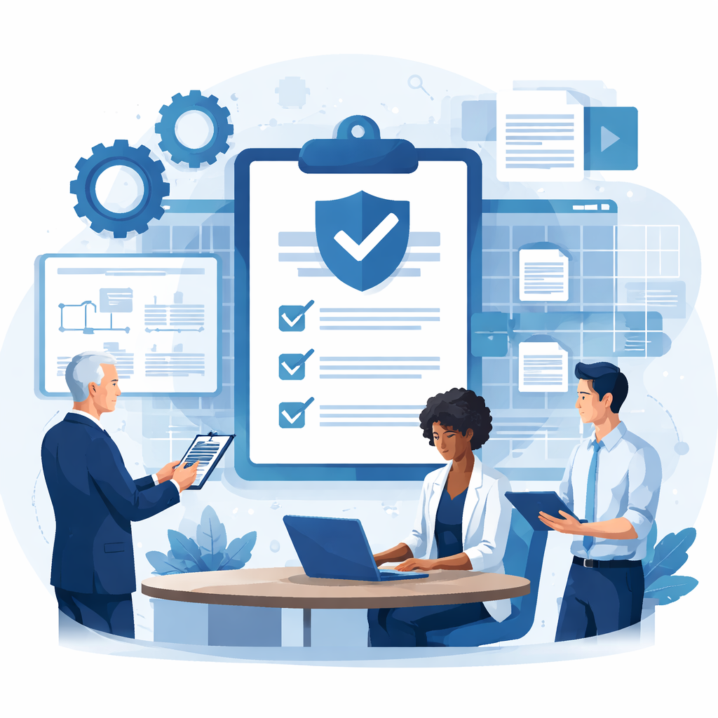 Digital illustration of consultants reviewing a structured checklist with shield symbol representing ISO consultant services and management system implementation.