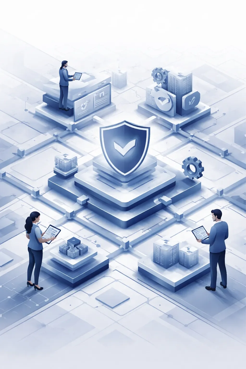 Abstract enterprise risk management system with layered platforms, central shield, and interconnected structures showing integrated risk controls