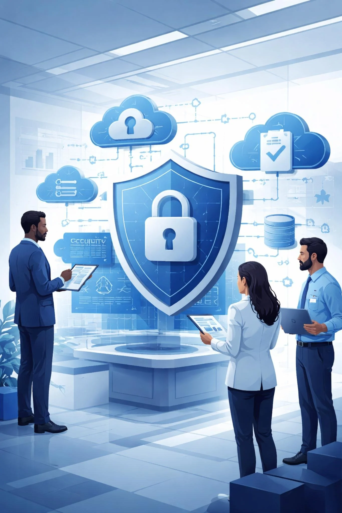 Digital illustration of consultants evaluating cloud infrastructure security with shield and lock symbolizing ISO 27017 and ISO 27018 cloud security and privacy controls.