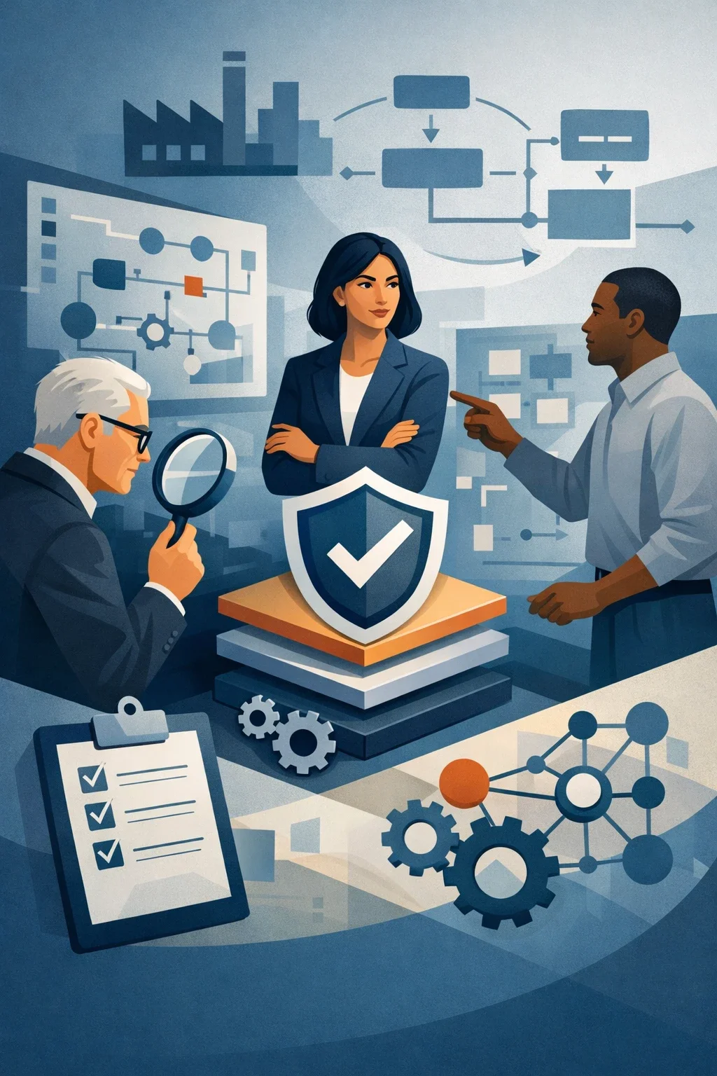 Digital illustration of cybersecurity professionals reviewing network diagrams and a shield symbol representing managed security services and continuous threat monitoring.