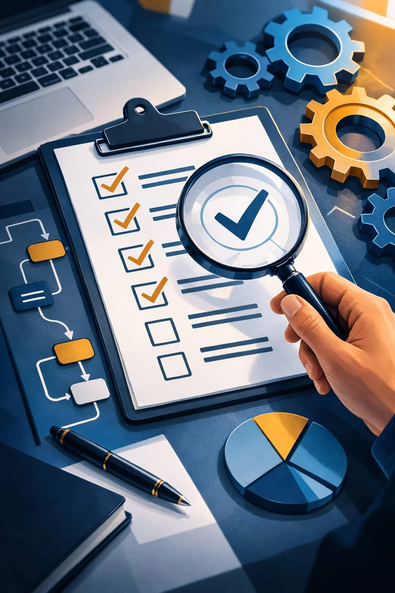 Digital illustration of a clipboard checklist reviewed with a magnifying glass alongside gears and a process flow diagram representing an ISO 9001 internal audit procedure within a quality management system.