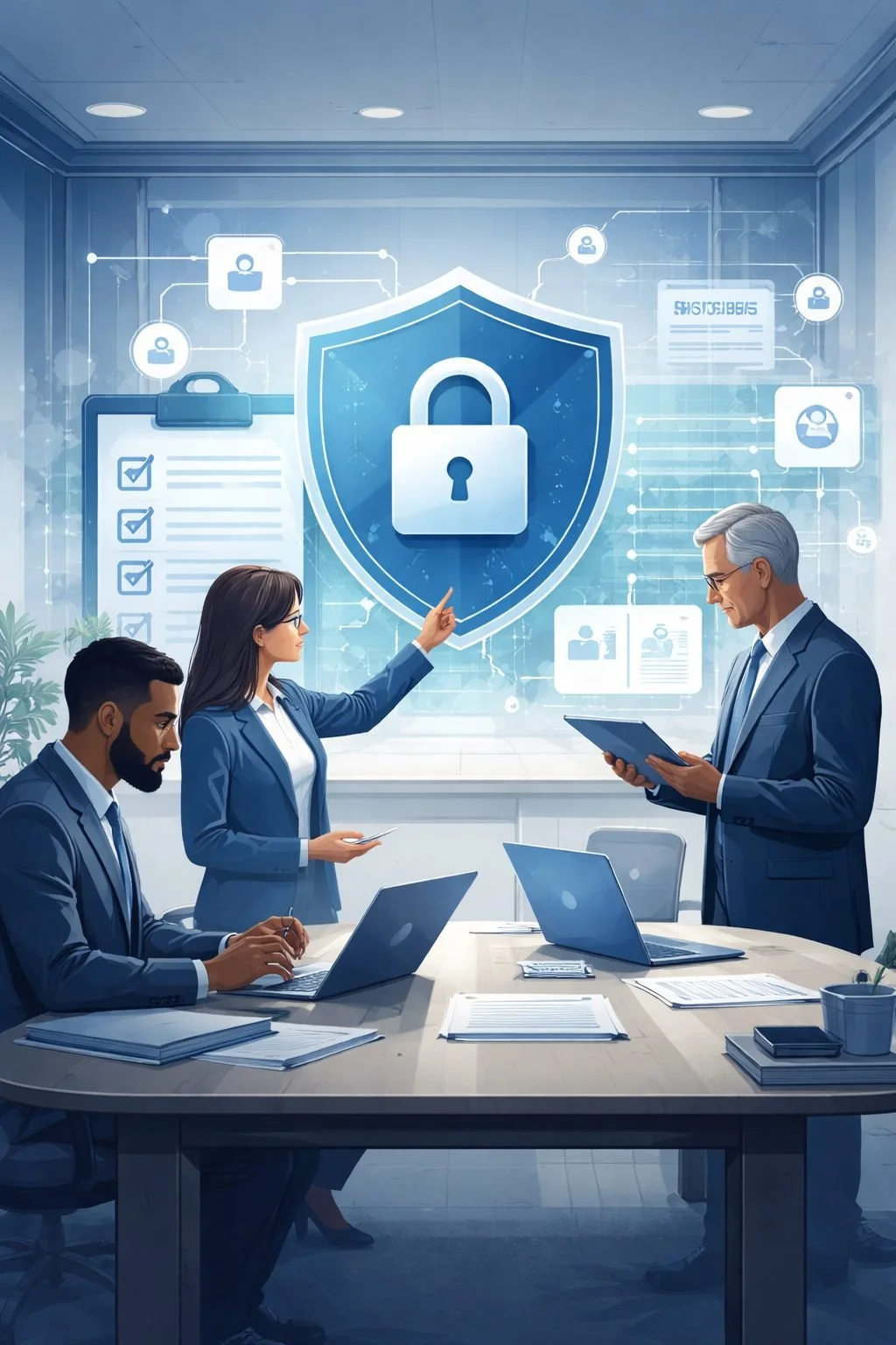Digital illustration of cybersecurity professionals reviewing a shield and lock system diagram representing an ISO 27001 readiness assessment and information security governance.