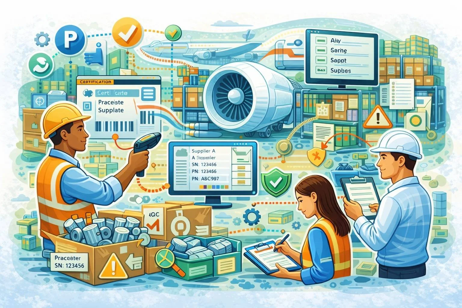 Aerospace warehouse team scanning and documenting aircraft components with barcode system, inventory shelves, and traceability screens representing AS9120 certification for distributors.