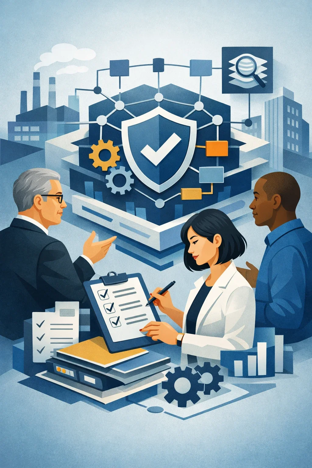 Digital illustration of cybersecurity consultants reviewing a structured security system with shield, network nodes, and layered controls representing cybersecurity consulting firm services.