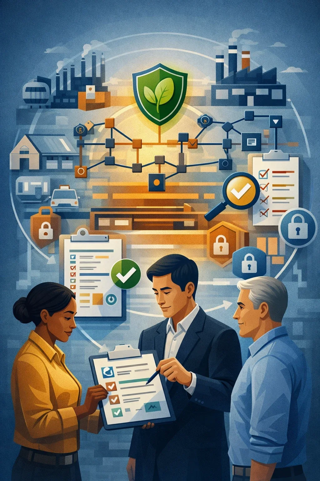 Digital illustration of supply chain network, sustainability shield, and procurement review scene representing ISO 20400 sustainable procurement consulting.