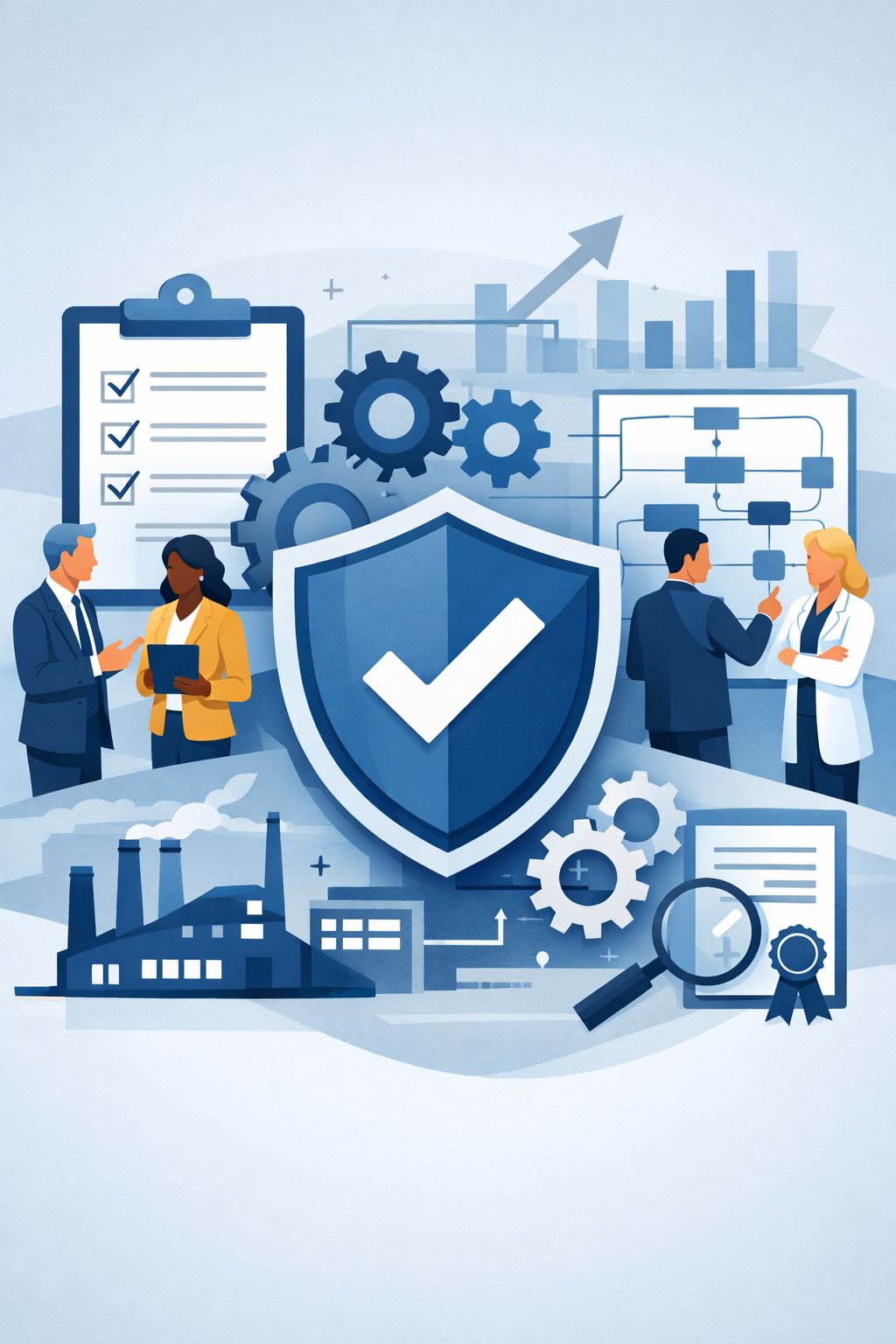 Digital illustration of a shield with checkmark, gears, factory, and consulting professionals representing ISO 9001 certified company quality management systems.
