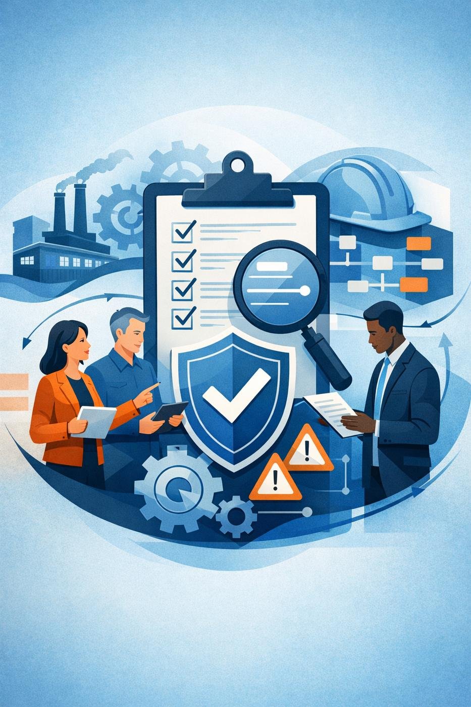 Digital illustration of a structured safety assessment scene with clipboard, shield validation symbol, and industrial environment representing an ISO 45001 readiness assessment process.