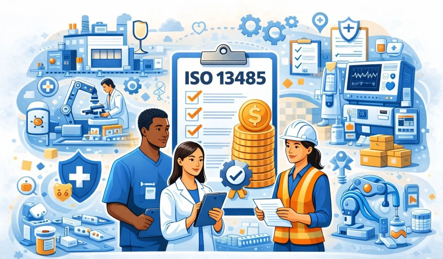 Medical device quality team reviewing an ISO 13485 checklist on a clipboard inside a manufacturing facility with inspection and production equipment in the background.