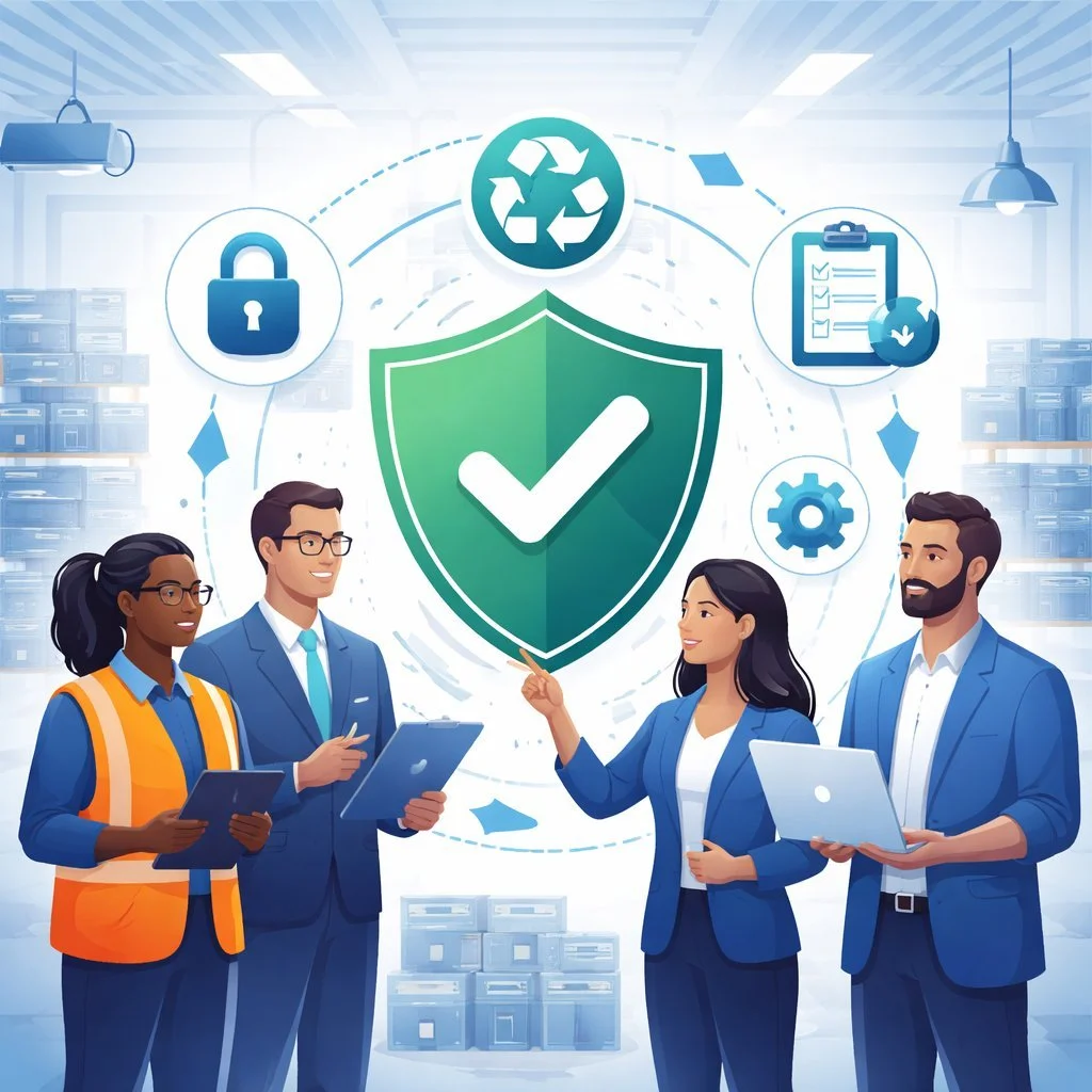 R2 certification digital illustration showing diverse professionals in an electronics recycling facility reviewing compliance documents beneath a protective shield symbolizing responsible recycling, data security, and operational controls.
