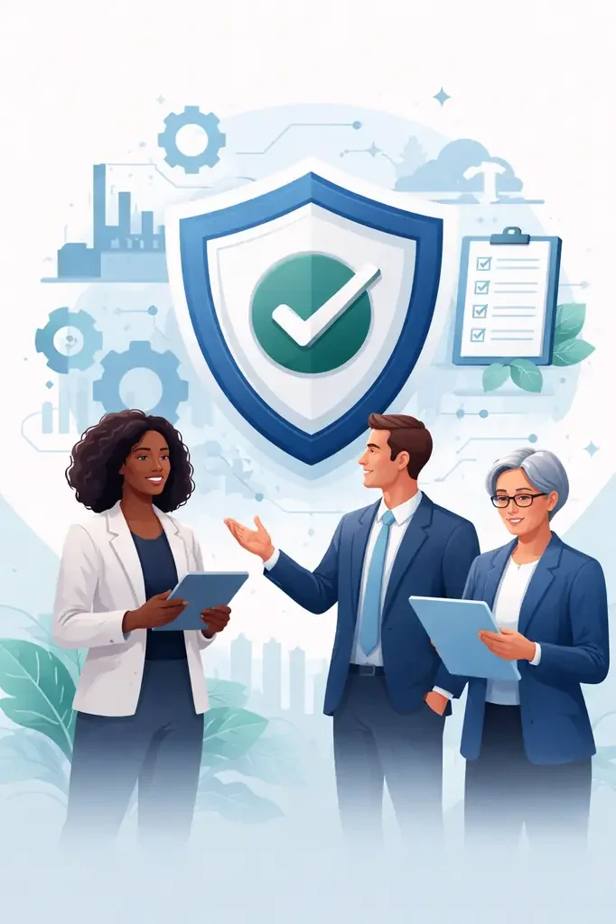 Illustrated professionals reviewing quality management system documentation beneath a shield with checkmark symbolizing ISO 9001 certified compliance.