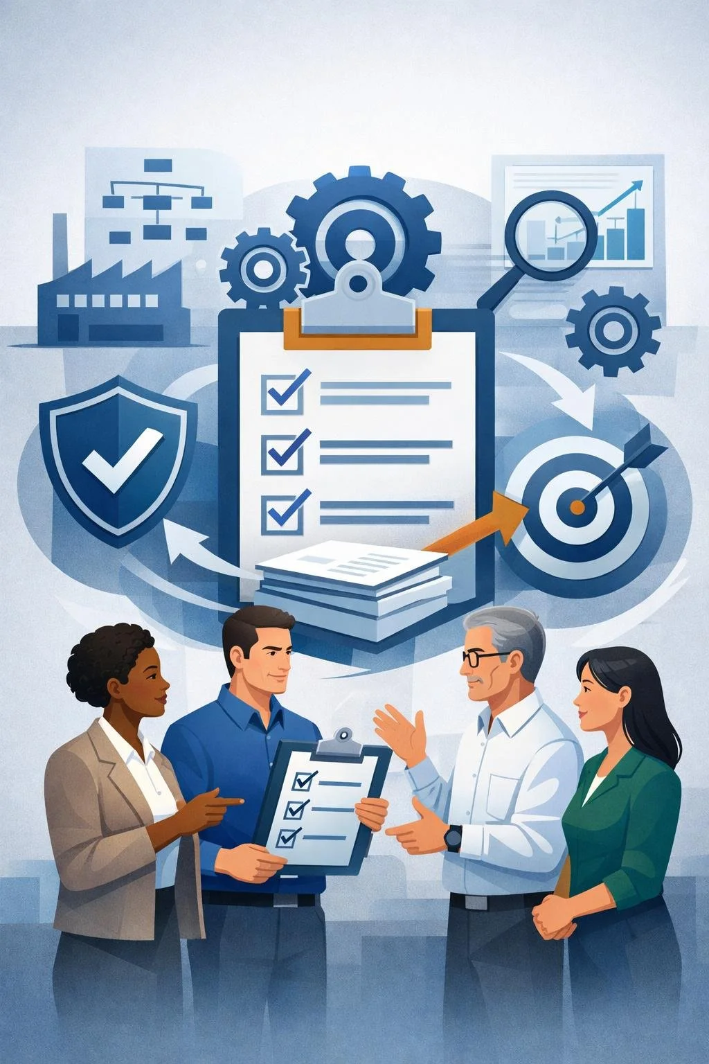Digital illustration of structured checklist, shield, gears, and process arrows representing an ISO 9001 implementation plan template and quality management system planning.