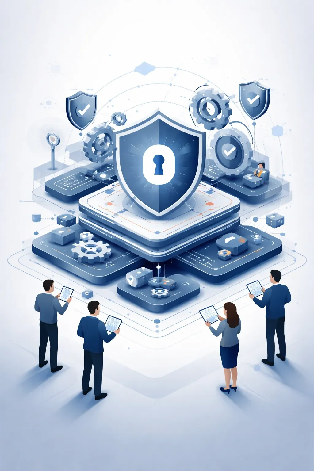 Layered operational system with central shield and surrounding gears, networks, and control elements, illustrating structured operational risk management.