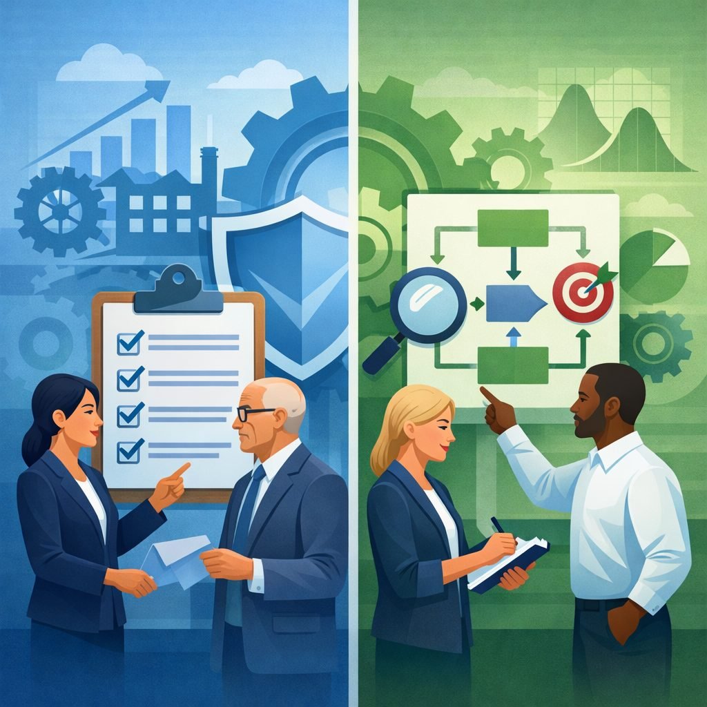 Digital illustration comparing ISO 9001 quality management systems and Six Sigma process improvement using shields, gears, workflow diagrams, and industrial system visuals.