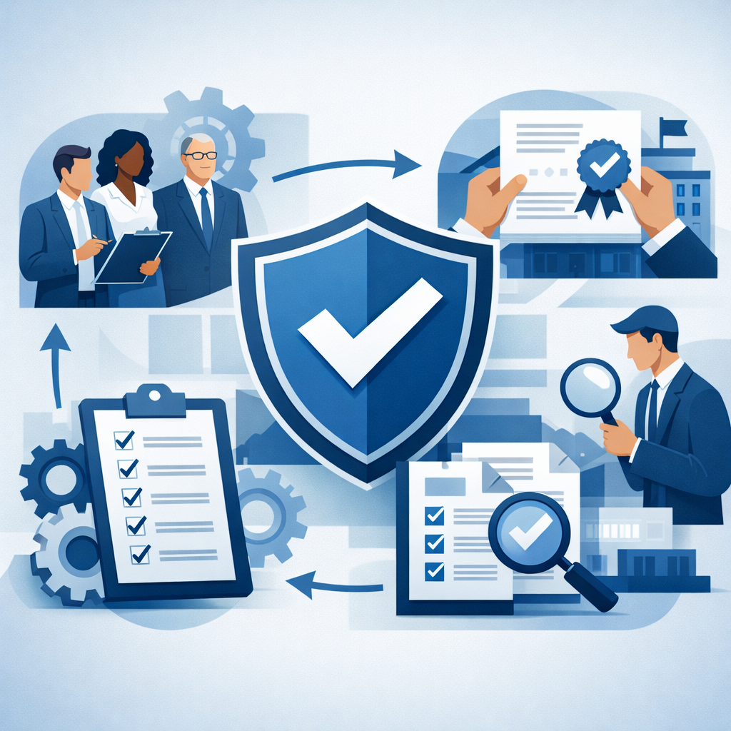 Digital illustration of a shield with checkmark, process arrows, clipboards, and auditors symbolizing the procedure for ISO 9001 certification and structured quality management systems.