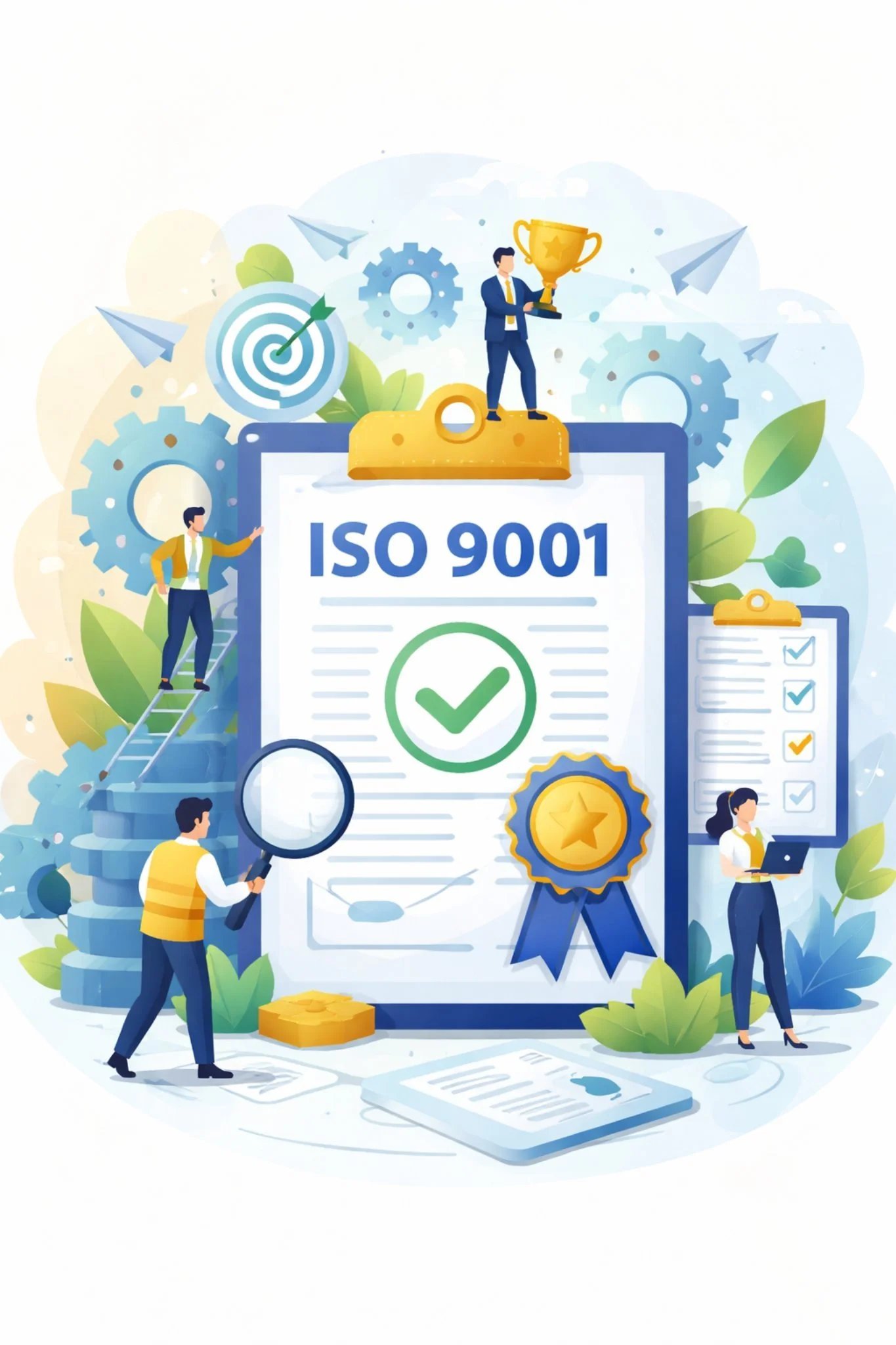 Cartoon-style vertical illustration of a diverse professional standing on ascending steps shaped like abstract process blocks, reaching toward a glowing certification badge symbol at the top, representing the journey toward ISO 9001 certification.