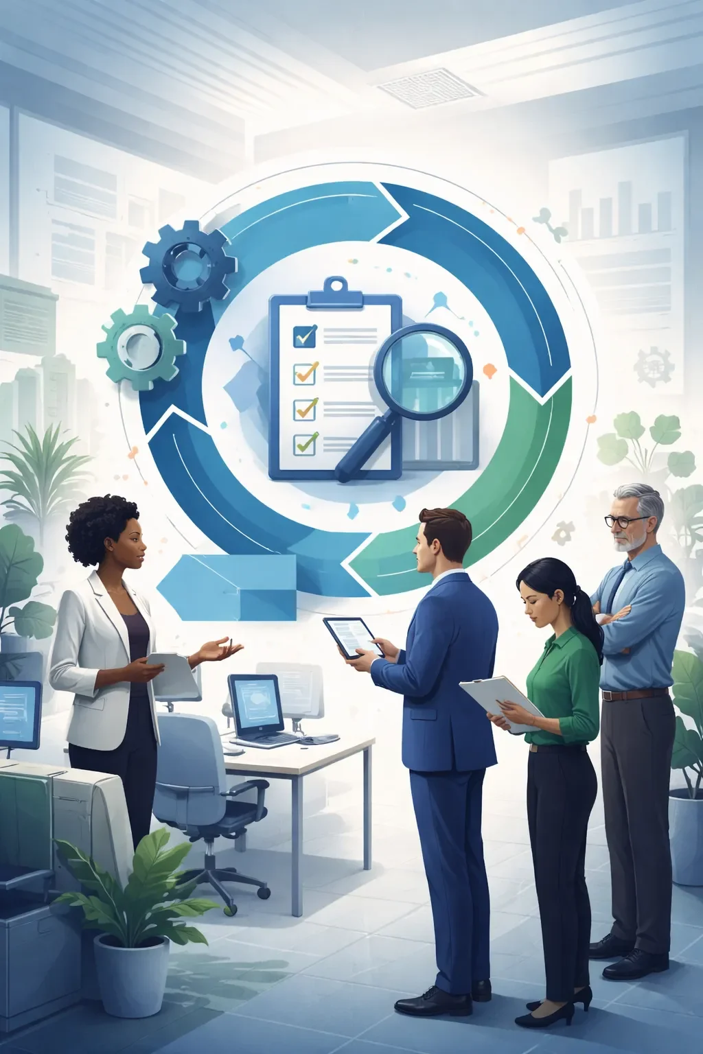 Digital illustration of a structured continuous improvement culture with circular workflow arrows, checklist, and professionals reviewing process systems in a consulting environment.