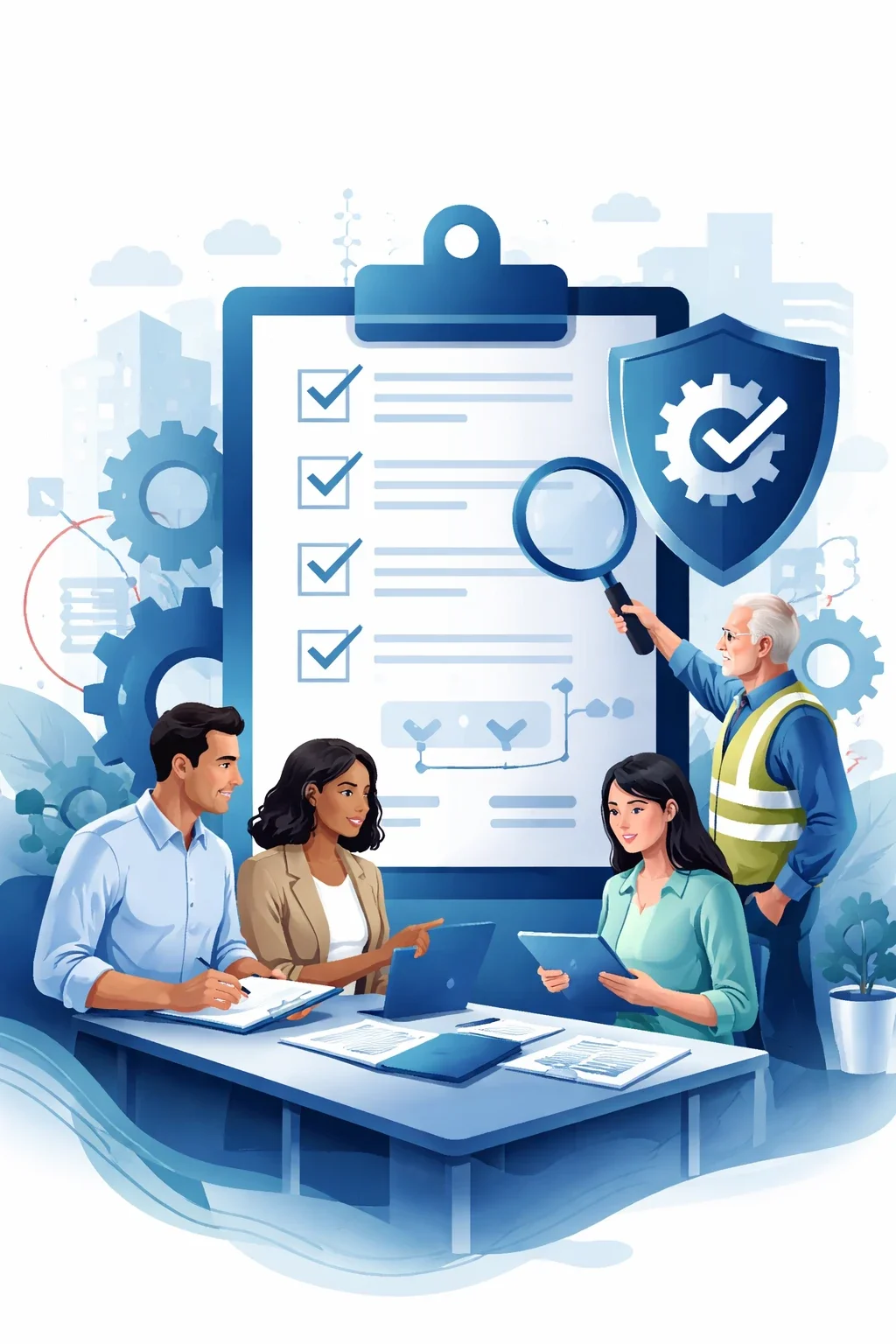 Digital illustration of safety auditors reviewing a clipboard checklist with shield and gear symbols representing ISO 45001 audit preparation and workplace safety management systems.
